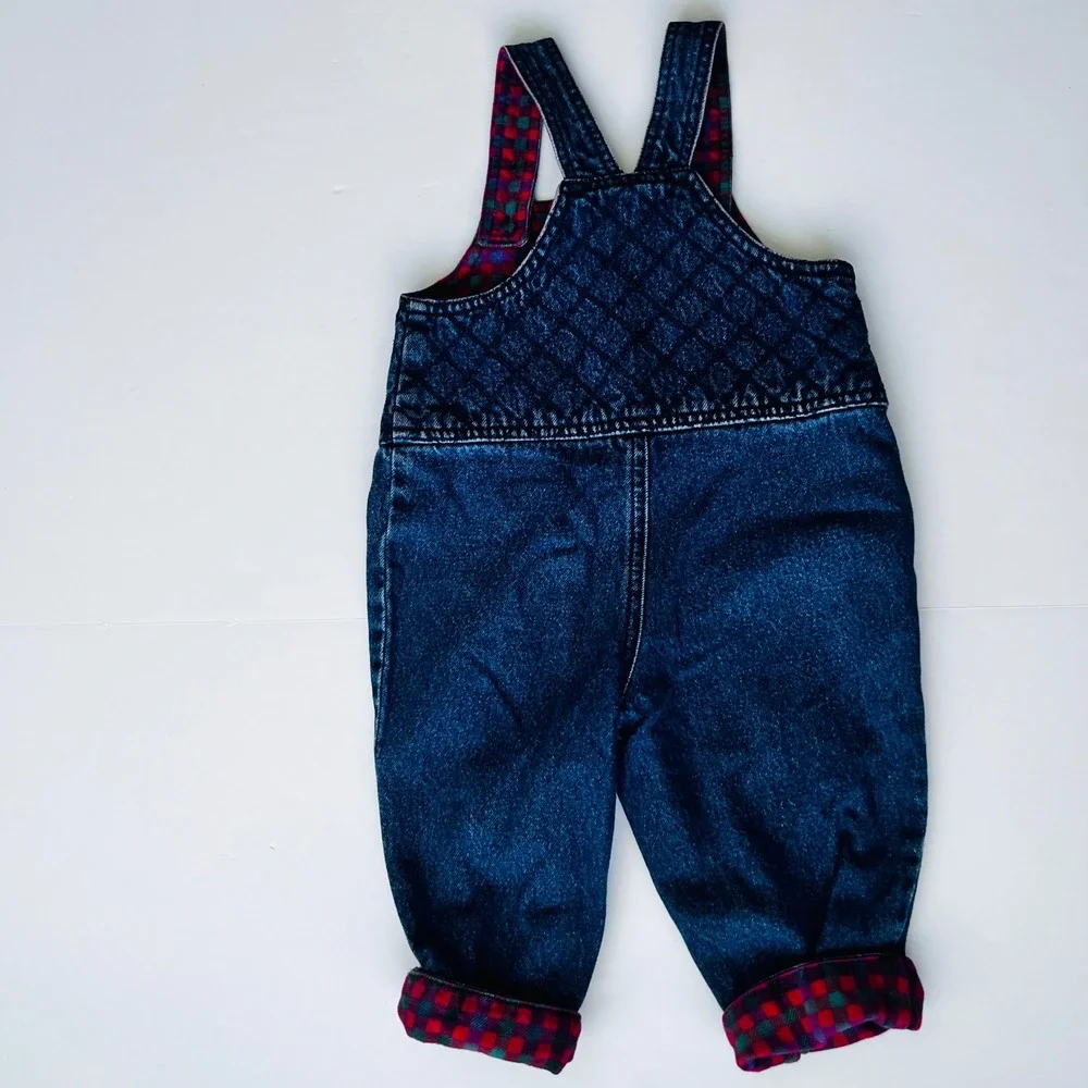 Vintage Gymboree Baby Denim Overalls Infant Quilted Car Plaid Lined Cotton